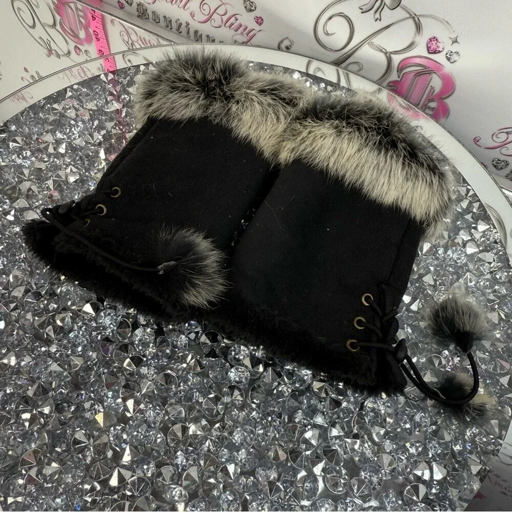 Mitts Black rabbit Fur Trim Fingerless Gloves with Pom  Pom lace up details
